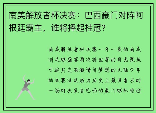 南美解放者杯决赛：巴西豪门对阵阿根廷霸主，谁将捧起桂冠？