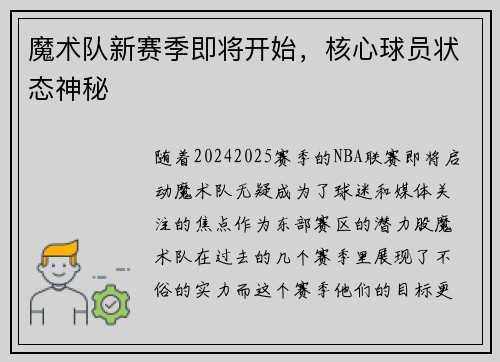 魔术队新赛季即将开始，核心球员状态神秘