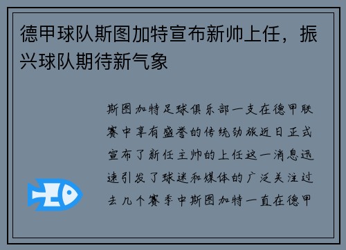 德甲球队斯图加特宣布新帅上任，振兴球队期待新气象