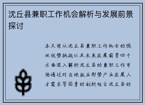 沈丘县兼职工作机会解析与发展前景探讨