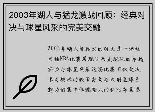 2003年湖人与猛龙激战回顾：经典对决与球星风采的完美交融