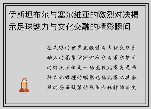 伊斯坦布尔与塞尔维亚的激烈对决揭示足球魅力与文化交融的精彩瞬间