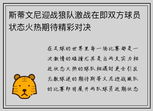 斯蒂文尼迎战狼队激战在即双方球员状态火热期待精彩对决