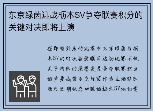 东京绿茵迎战枥木SV争夺联赛积分的关键对决即将上演