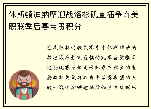 休斯顿迪纳摩迎战洛杉矶直插争夺美职联季后赛宝贵积分