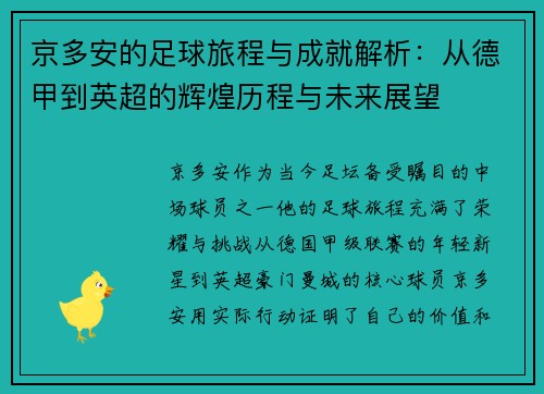 京多安的足球旅程与成就解析：从德甲到英超的辉煌历程与未来展望