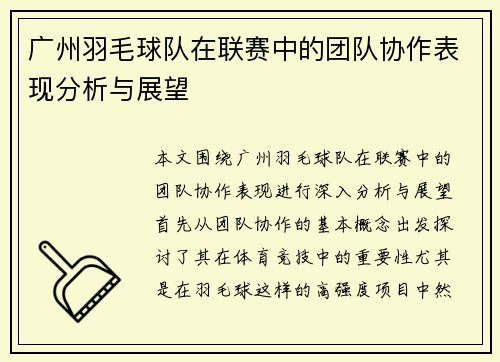 广州羽毛球队在联赛中的团队协作表现分析与展望