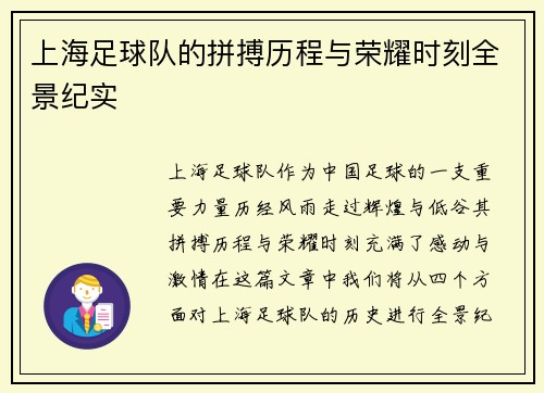 上海足球队的拼搏历程与荣耀时刻全景纪实