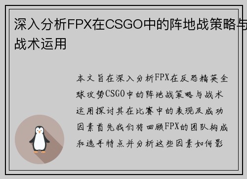 深入分析FPX在CSGO中的阵地战策略与战术运用