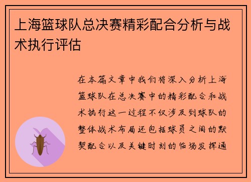 上海篮球队总决赛精彩配合分析与战术执行评估