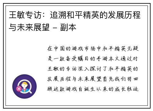 王敏专访：追溯和平精英的发展历程与未来展望 - 副本