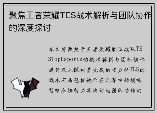 聚焦王者荣耀TES战术解析与团队协作的深度探讨